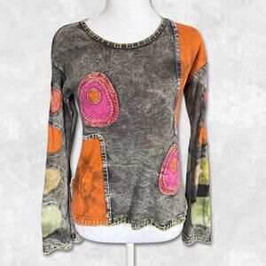 Vintage Patchwork Embroidered Tie Dye Long Sleeve Top Boho Size M-L
